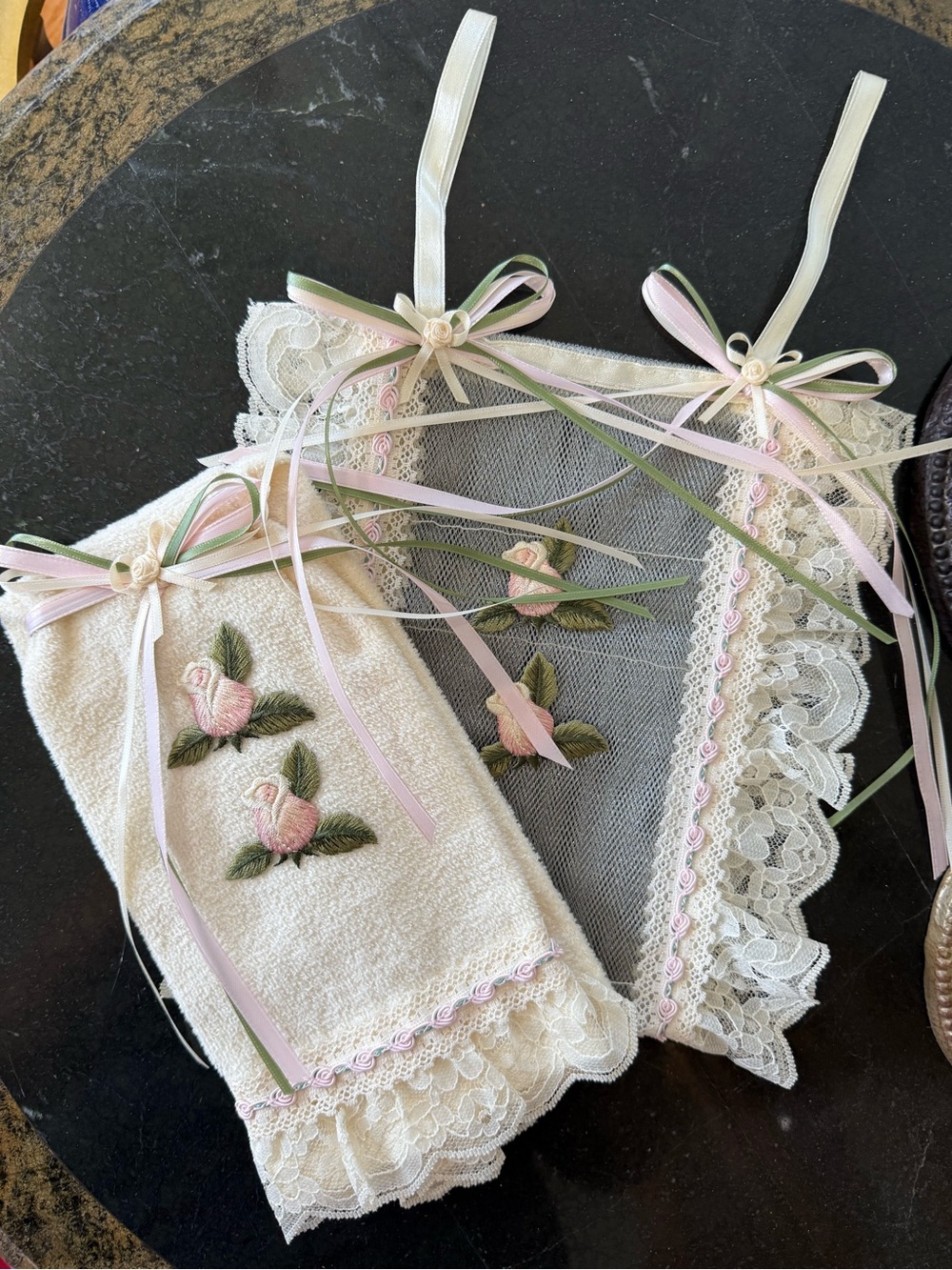 Hand Crafted Cream and Pink Floral Hand Towel & Spare Toilet Paper Holder